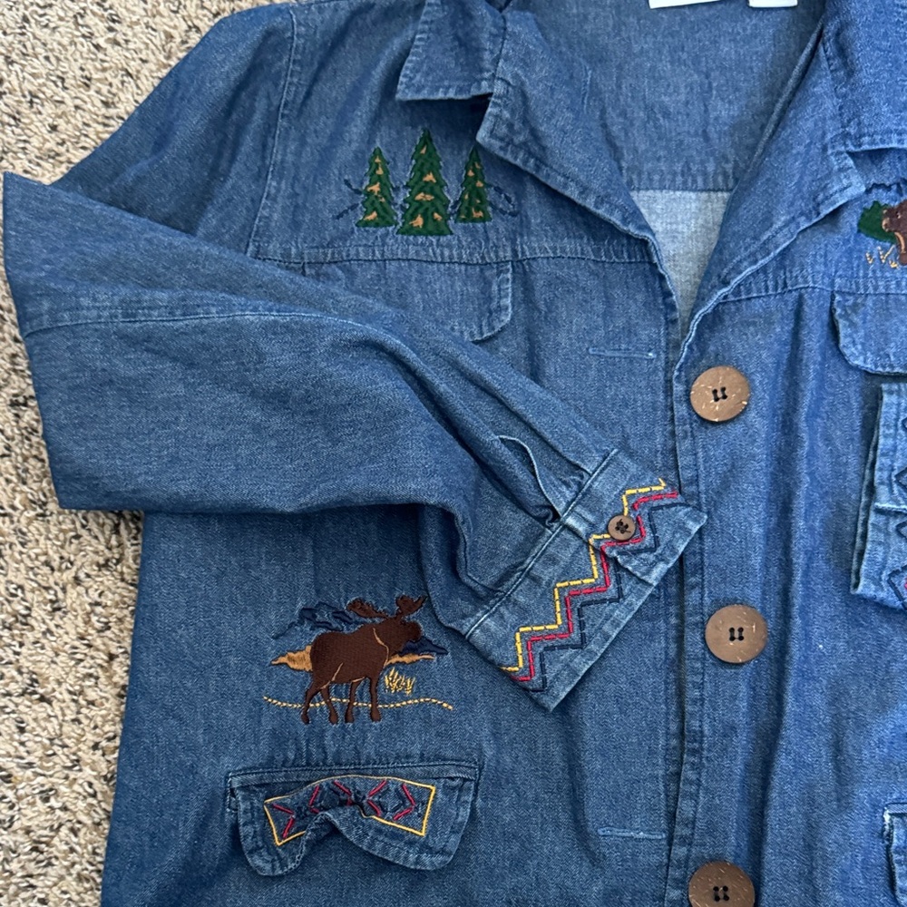 Vintage Breckenridge Embroidered 100% Cotton Denim Jacket with Moose and Tree - Picture 5 of 6